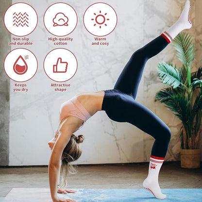 2 Pairs Non Slip Yoga Grip Womens Pilates Socks for Women Cute Anti Slipper Grippy Ladies Socks for for Home Gym Barre Sport Fitness Dance Ballet