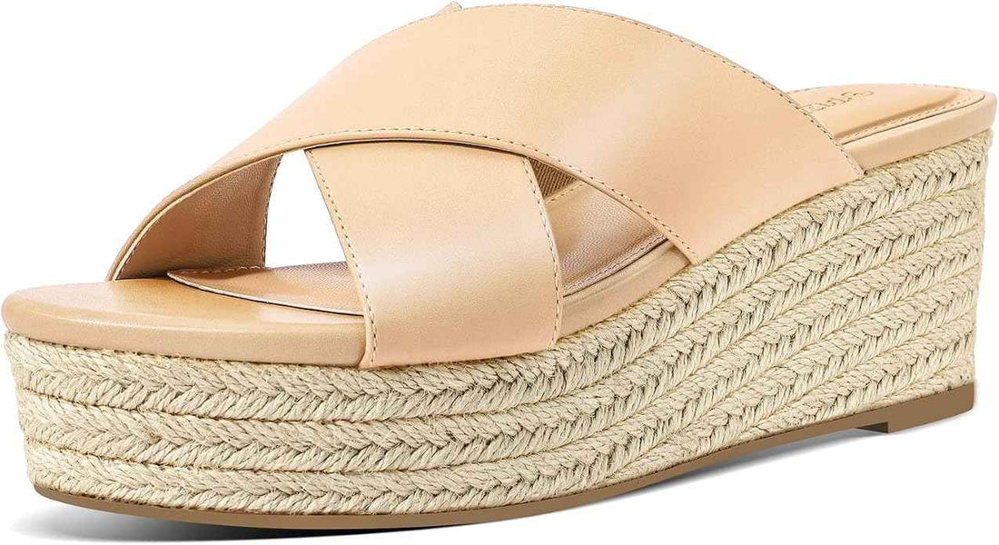 PIZZ ANNU Womens Platform Sandals Wedge Espadrille Slip on Crossover Slides Ladies Open Toe Summer Chunky Shoes