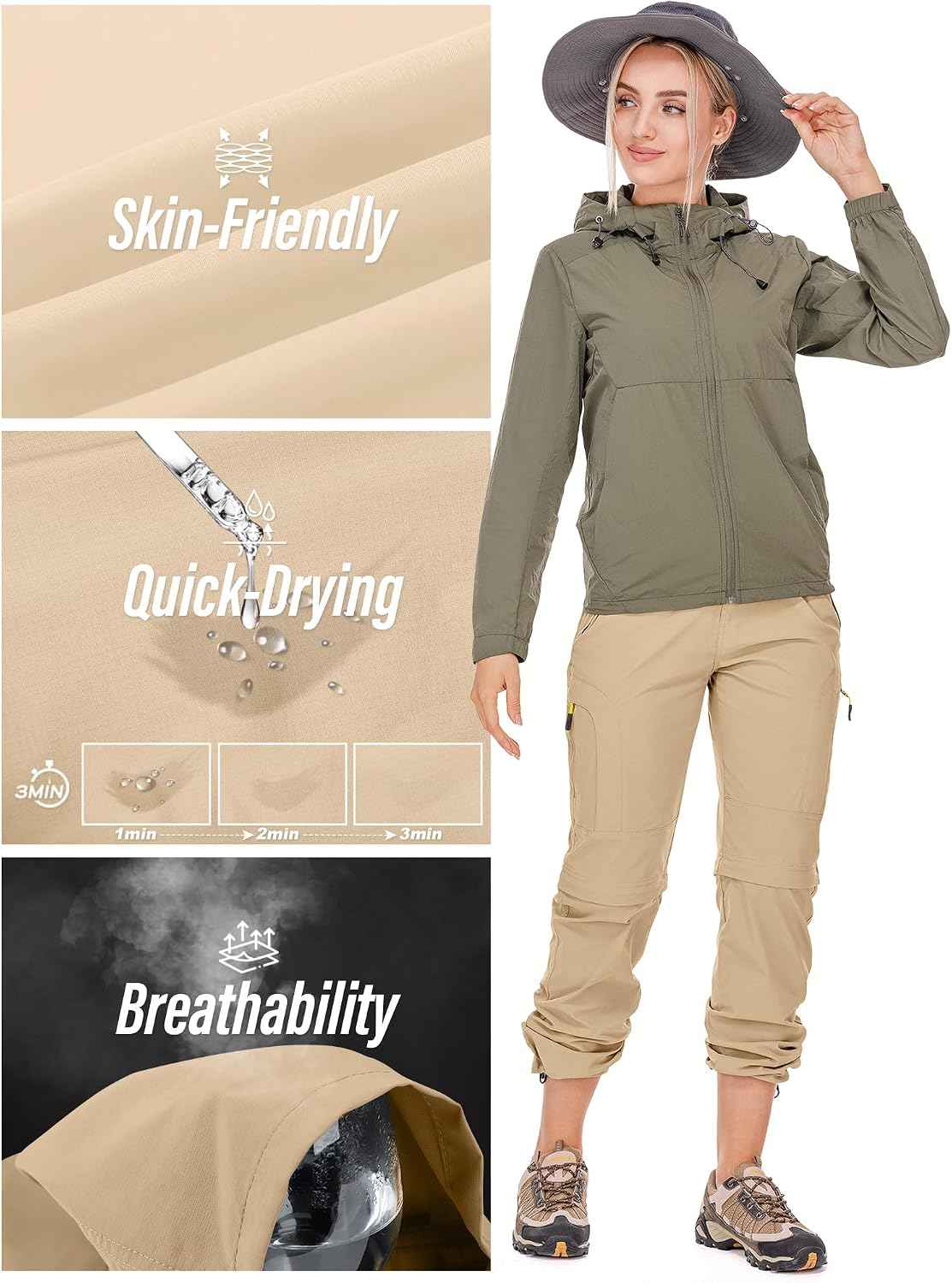 Jessie Kidden Walking Trousers Women Cargo Pants Waterproof Summer Lightweight Quick Dry Convertible Stretch Outdoor Casual UPF 50 Running Cycling Zip Off