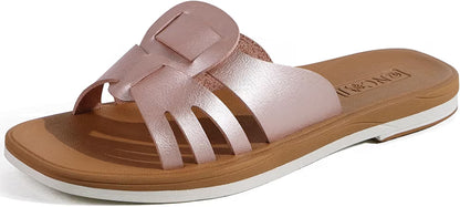 Slides for Womens, Flat Dressy Square Toe Summer Beach Sandals for Woman with Comfortable Non-slip Rubber Soles