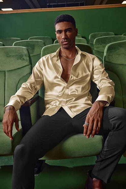 PJ PAUL JONES Mens Shirts Long Sleeve Smart Casual Shirt Satin Shirt Dress Shirt Silk Shirts for Men L Gold | Matching Bow Tie | Imitation Silk | Shine | Dinner and Party