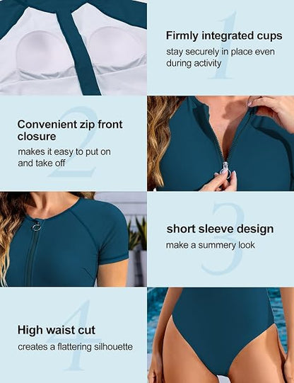 Tuopuda Women One Piece Swimsuit Modest Zip Swimming Costume Short Sleeve