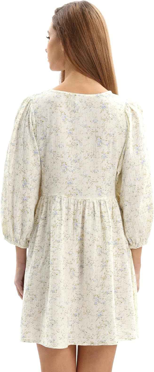 Womens Cotton Gauze Floral Tie Front Crew Neck 3/4 Sleeve Mini Dress Blue Floral M