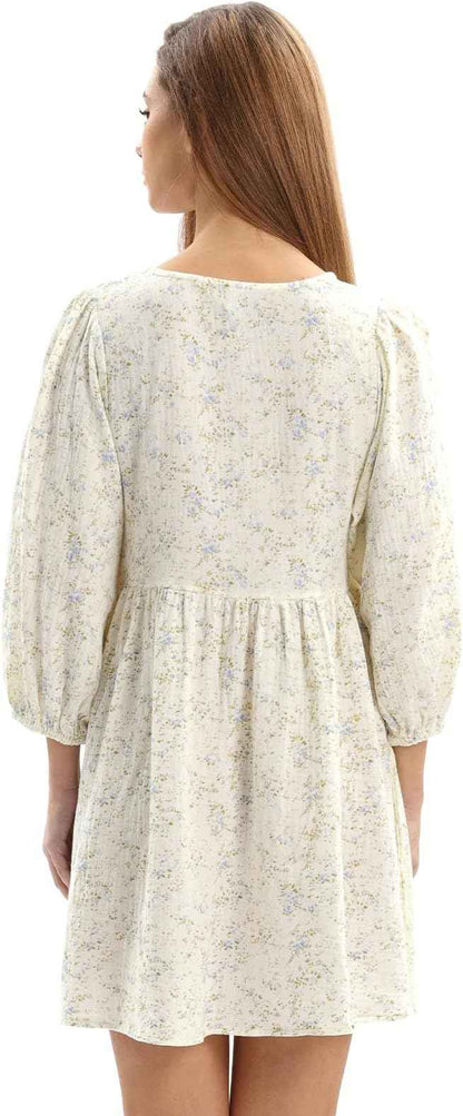 Womens Cotton Gauze Floral Tie Front Crew Neck 3/4 Sleeve Mini Dress Blue Floral M
