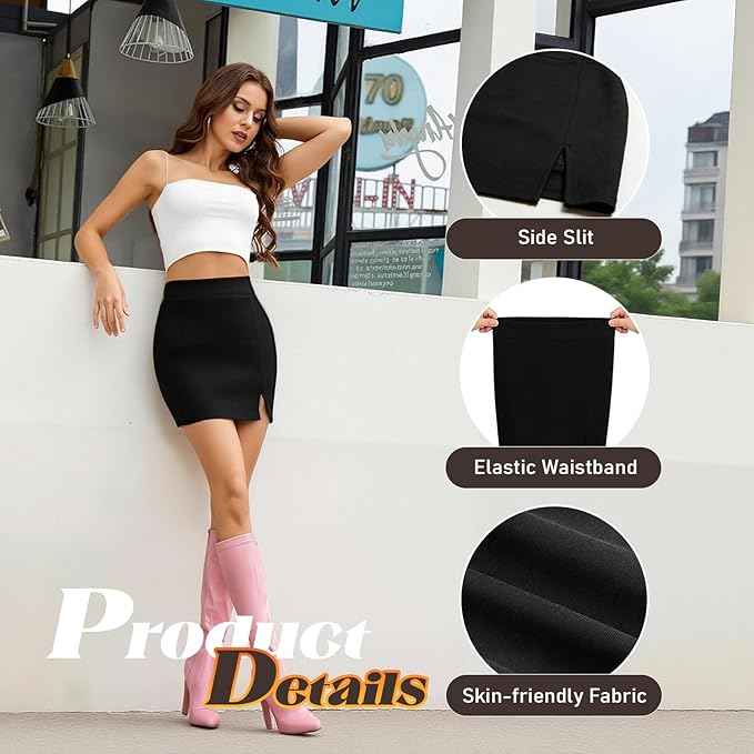 Black Mini Skirt, Sexy Black Skirt with Side Slit &amp; Elastic Waist, Stretchy Fitted Bodycon Pencil Skirt for Ladies Casual Daily, School, Office Wear