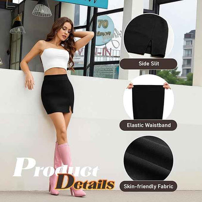 Black Mini Skirt, Sexy Black Skirt with Side Slit &amp; Elastic Waist, Stretchy Fitted Bodycon Pencil Skirt for Ladies Casual Daily, School, Office Wear