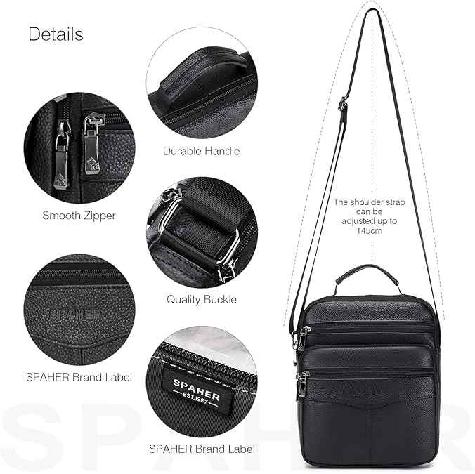 Mens Leather Crossbody Bags Messenger Bag Shoulder Bag Business Satchel Fashion Travel Bag Handbag Adjustable Shoulder Strap