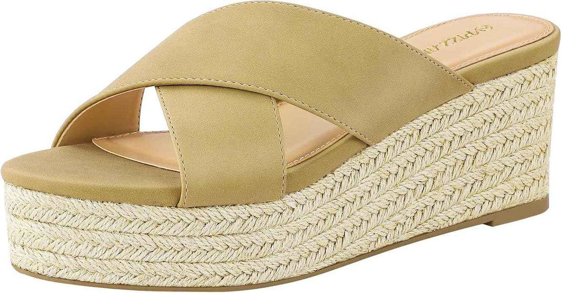 PIZZ ANNU Womens Platform Sandals Wedge Espadrille Slip on Crossover Slides Ladies Open Toe Summer Chunky Shoes