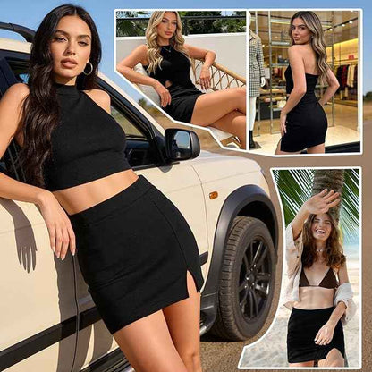 Black Mini Skirt, Sexy Black Skirt with Side Slit &amp; Elastic Waist, Stretchy Fitted Bodycon Pencil Skirt for Ladies Casual Daily, School, Office Wear