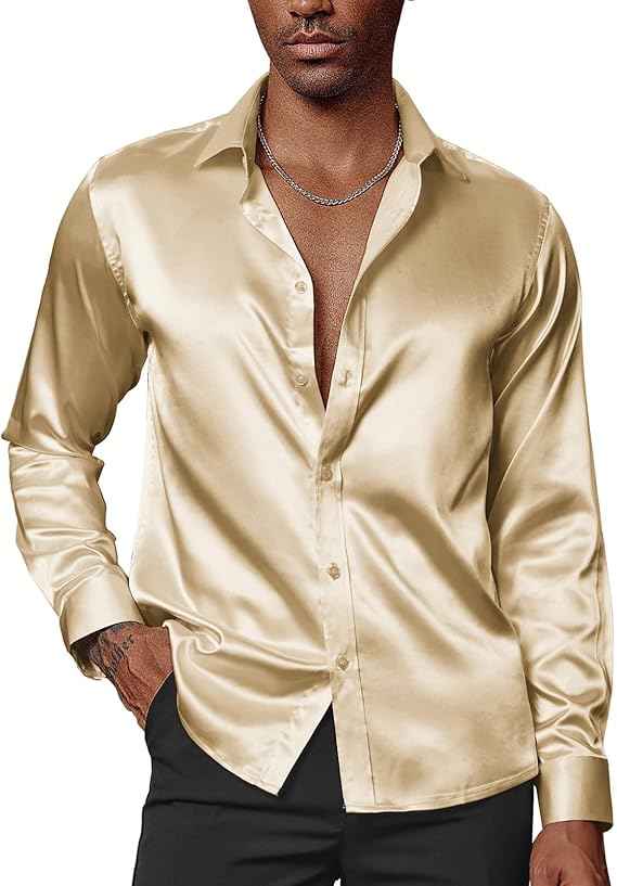 PJ PAUL JONES Mens Shirts Long Sleeve Smart Casual Shirt Satin Shirt Dress Shirt Silk Shirts for Men L Gold | Matching Bow Tie | Imitation Silk | Shine | Dinner and Party