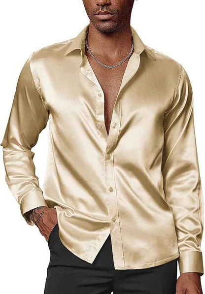 PJ PAUL JONES Mens Shirts Long Sleeve Smart Casual Shirt Satin Shirt Dress Shirt Silk Shirts for Men L Gold | Matching Bow Tie | Imitation Silk | Shine | Dinner and Party