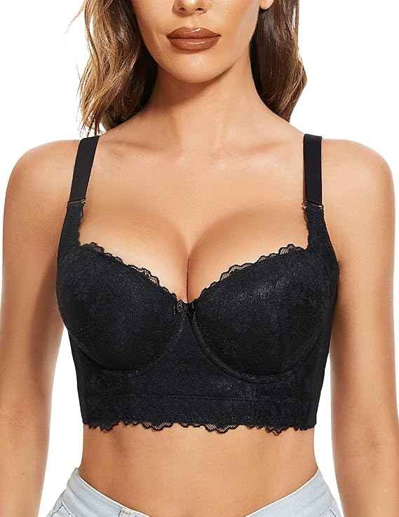 Push Up Bras for Women Lace Plus Size Wide Back Underwire Longline Corset Bra
