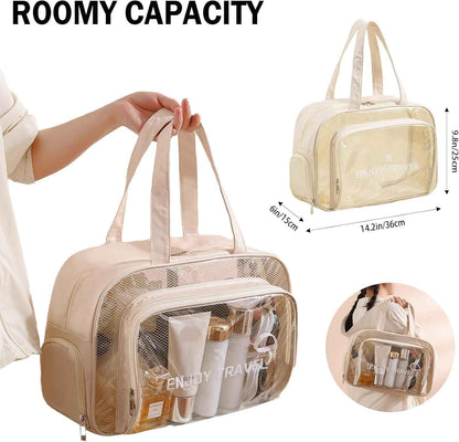 Large Clear Toiletry Bag with Shoe Compartment, Multi-Functional PVC Travel Tote, Durable and Versatile Organizer for Travel, Gym, Pool, and More, Beige, Fashionable
