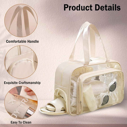 Large Clear Toiletry Bag with Shoe Compartment, Multi-Functional PVC Travel Tote, Durable and Versatile Organizer for Travel, Gym, Pool, and More, Beige, Fashionable
