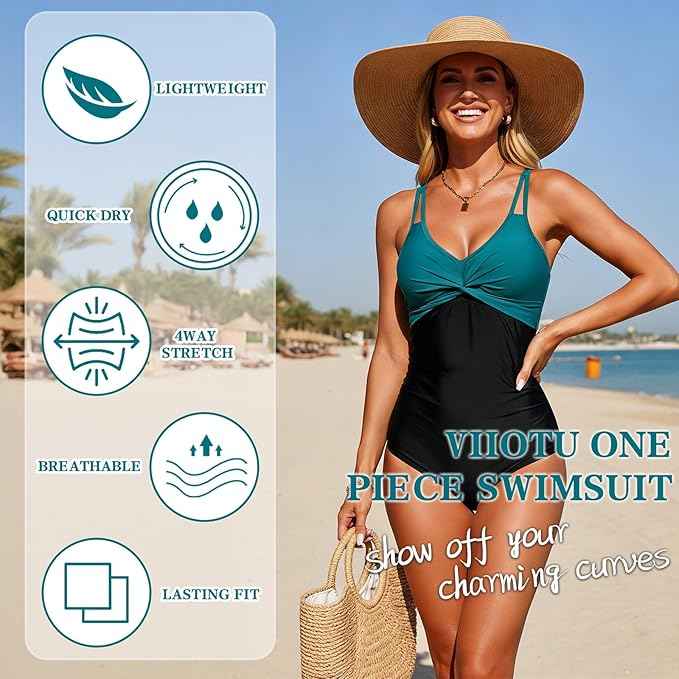 One Piece Swimming Costume, Elegant Tummy Control Swimsuit Ruched Swimwear, Adjustable Soft Straps Removable Pads Comfortable Premium Swimwear