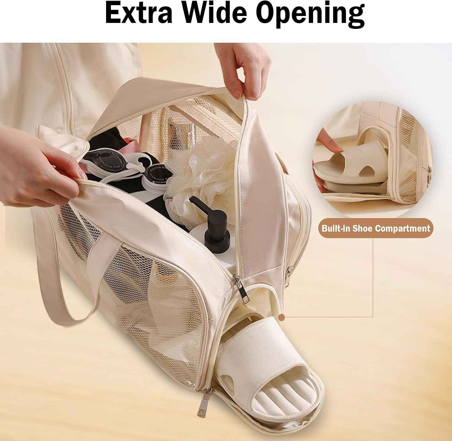 Large Clear Toiletry Bag with Shoe Compartment, Multi-Functional PVC Travel Tote, Durable and Versatile Organizer for Travel, Gym, Pool, and More, Beige, Fashionable