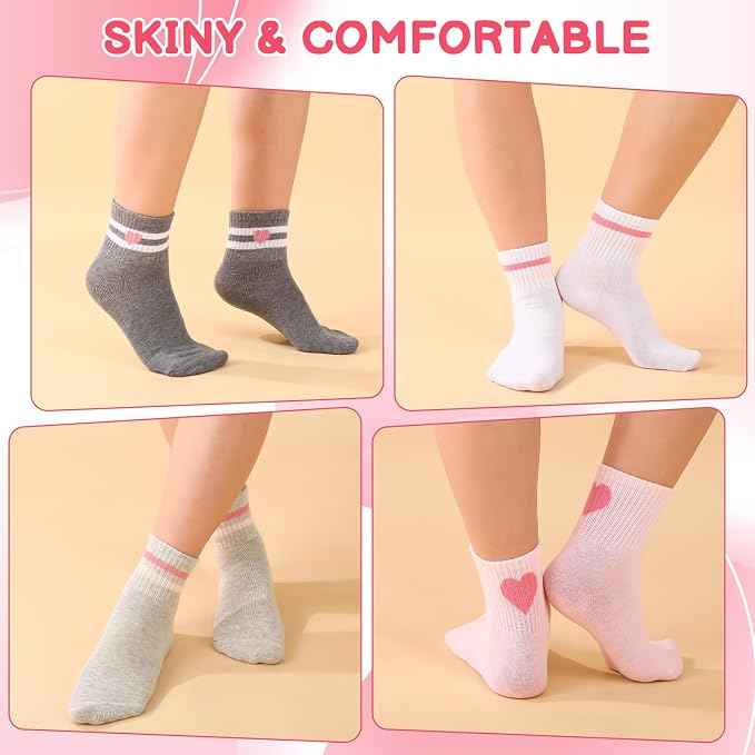 8 Pairs Striped Flowers Heart Cotton Girls Crew Socks | 80% Cotton, Soft Stretch Rib Cuff, for 3-14 Years Old, School Casual Daily Wear