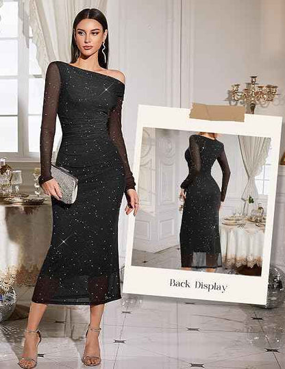 Long Sleeve Glitter Dress for Women Sexy Ruched Elegant Cocktail Party Maxi Dress