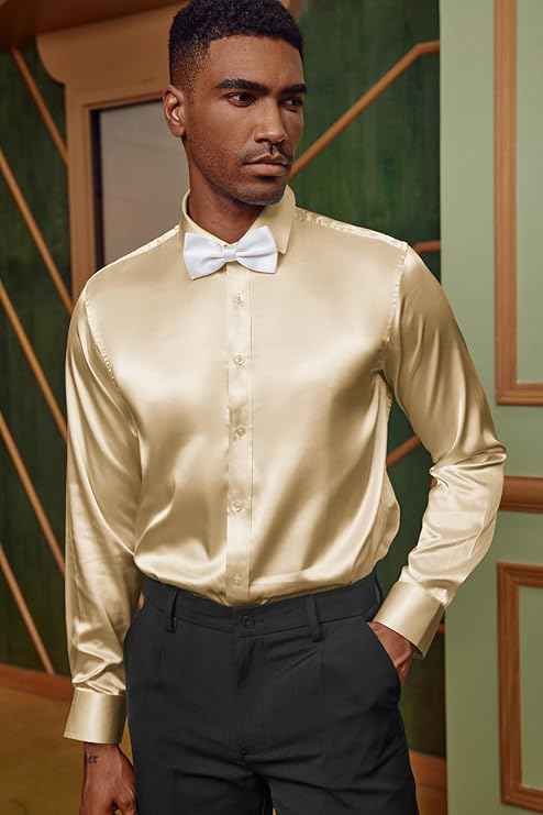 PJ PAUL JONES Mens Shirts Long Sleeve Smart Casual Shirt Satin Shirt Dress Shirt Silk Shirts for Men L Gold | Matching Bow Tie | Imitation Silk | Shine | Dinner and Party