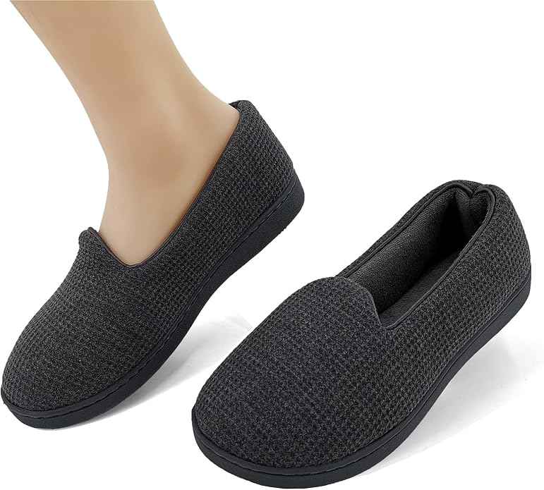 ofoot Womens Comfortable Memory Foam House Slippers Indoor Flat Shoes With Back Knit Waffle Cotton Terry Cloth Lining Non Slip Soles