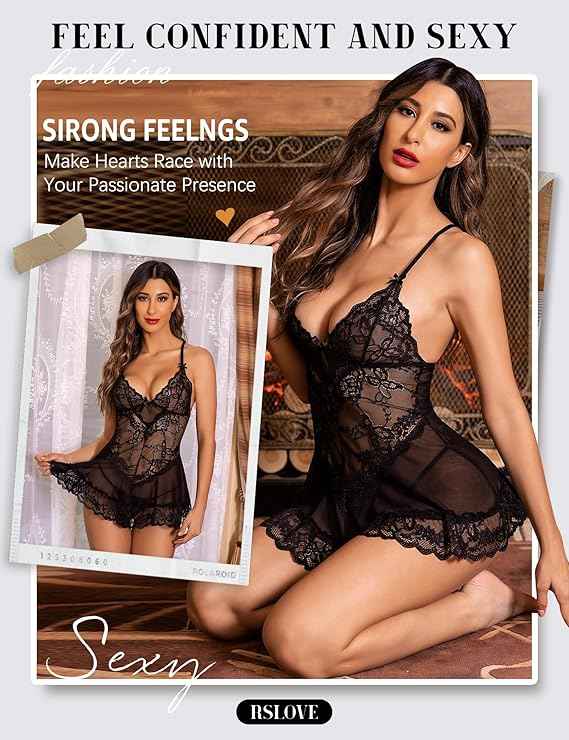 RSLOVE Women Sexy Lingerie Lace Babydoll Mesh Chemise Sleepwear Bridal Nightdress Black Small
