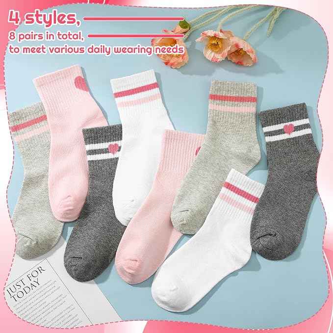 8 Pairs Striped Flowers Heart Cotton Girls Crew Socks | 80% Cotton, Soft Stretch Rib Cuff, for 3-14 Years Old, School Casual Daily Wear