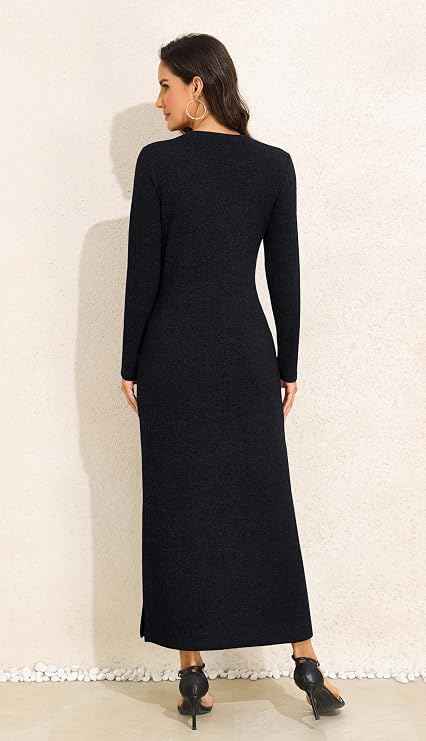 GRECERELLE Women Maxi Dresses Long Sleeve Crew Neck Dress for Women UK Winter Ladies Slit Elegant Casual Daily Work Date Lounge Long Dresses with Pockets