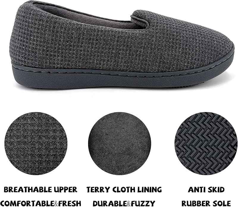 ofoot Womens Comfortable Memory Foam House Slippers Indoor Flat Shoes With Back Knit Waffle Cotton Terry Cloth Lining Non Slip Soles