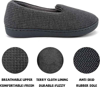 ofoot Womens Comfortable Memory Foam House Slippers Indoor Flat Shoes With Back Knit Waffle Cotton Terry Cloth Lining Non Slip Soles