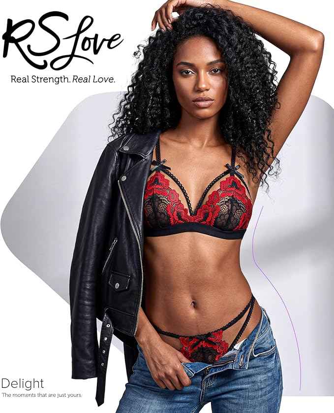 RSLOVE Women Lace Garter Lingerie Set | Heart Cutout Lace Design, Adjustable Fit, Soft Stretch Fabric, 3 Piece Romantic Lingerie Set