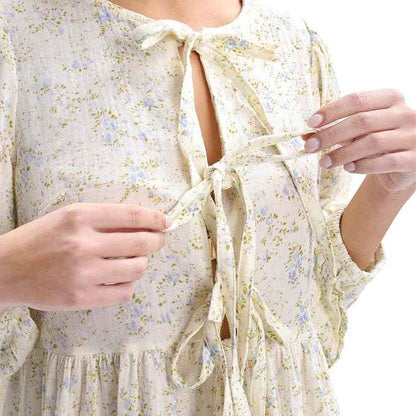 Womens Cotton Gauze Floral Tie Front Crew Neck 3/4 Sleeve Mini Dress Blue Floral M