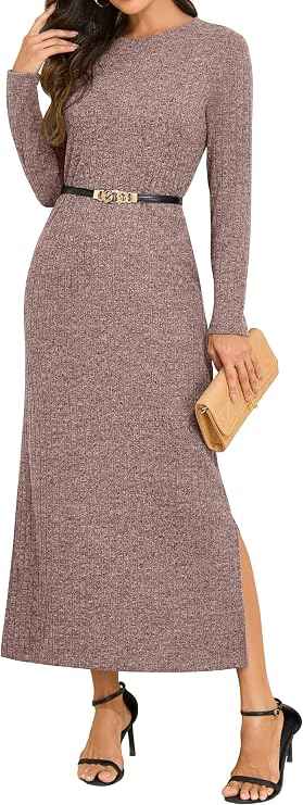 GRECERELLE Women Maxi Dresses Long Sleeve Crew Neck Dress for Women UK Winter Ladies Slit Elegant Casual Daily Work Date Lounge Long Dresses with Pockets