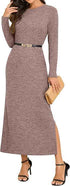 GRECERELLE Women Maxi Dresses Long Sleeve Crew Neck Dress for Women UK Winter Ladies Slit Elegant Casual Daily Work Date Lounge Long Dresses with Pockets