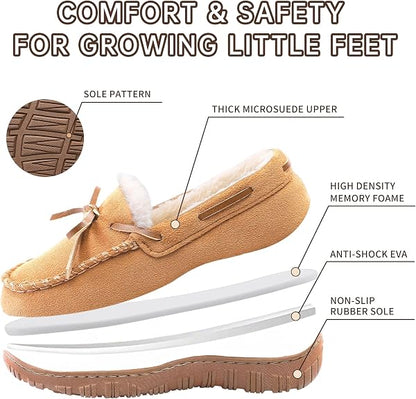 Boys Moccasin Slippers Memory Foam Kids House Shoes Nonslip Indoor &amp; Outdoor Slippers With Bow Tie
