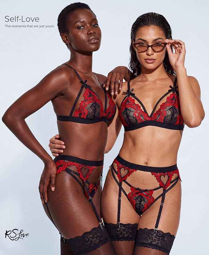 RSLOVE Women Lace Garter Lingerie Set | Heart Cutout Lace Design, Adjustable Fit, Soft Stretch Fabric, 3 Piece Romantic Lingerie Set