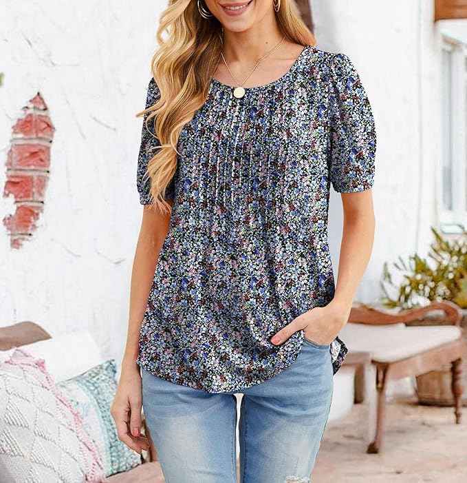 Womens Summer Tops Casual Dressy Soft Short Sleeve Tunic Front Pleated Spring Crew Neck Tees T-Shirts Loose Blouse for Ladies