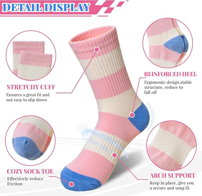 Girls Socks Kids Athletic Crew Sport Cotton Trainer Breathable Calf Softs Socks 6 Pairs