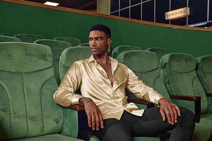PJ PAUL JONES Mens Shirts Long Sleeve Smart Casual Shirt Satin Shirt Dress Shirt Silk Shirts for Men L Gold | Matching Bow Tie | Imitation Silk | Shine | Dinner and Party