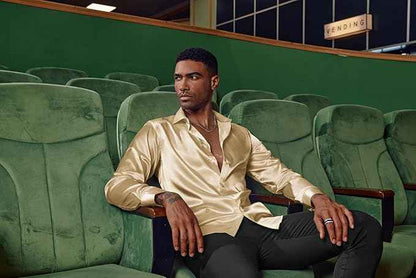 PJ PAUL JONES Mens Shirts Long Sleeve Smart Casual Shirt Satin Shirt Dress Shirt Silk Shirts for Men L Gold | Matching Bow Tie | Imitation Silk | Shine | Dinner and Party