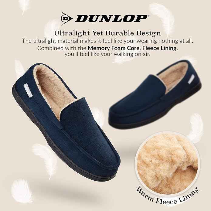 DUNLOP Moccasin Slippers Men with Memory Foam &amp; Faux Sheepskin Lining - Comfortable Indoor Outdoor Loafers with Non-Slip Rubber Sole for House Wear Size 12