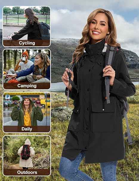 Tuopuda Womens Waterproof Jacket Long Raincoat with Hood for Hiking Travel | Mid-Length Coverage, Removable Hood, Adjustable Waist Drawcords, Zipper, Flap Pockets for Rainy Walks Daily Commutes Outdoor