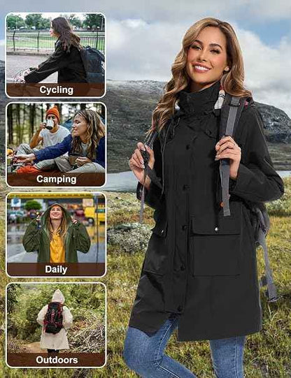 Tuopuda Womens Waterproof Jacket Long Raincoat with Hood for Hiking Travel | Mid-Length Coverage, Removable Hood, Adjustable Waist Drawcords, Zipper, Flap Pockets for Rainy Walks Daily Commutes Outdoor