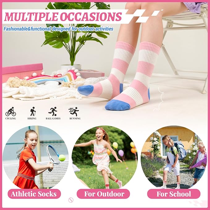 Girls Socks Kids Athletic Crew Sport Cotton Trainer Breathable Calf Softs Socks 6 Pairs
