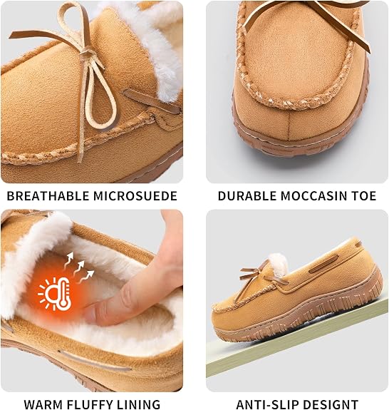 Boys Moccasin Slippers Memory Foam Kids House Shoes Nonslip Indoor &amp; Outdoor Slippers With Bow Tie
