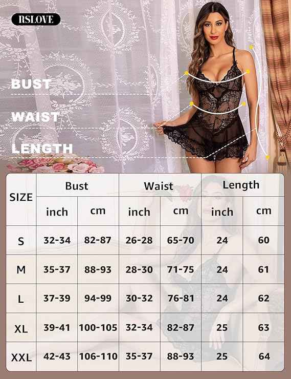 RSLOVE Women Sexy Lingerie Lace Babydoll Mesh Chemise Sleepwear Bridal Nightdress Black Small
