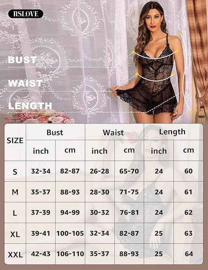 RSLOVE Women Sexy Lingerie Lace Babydoll Mesh Chemise Sleepwear Bridal Nightdress Black Small