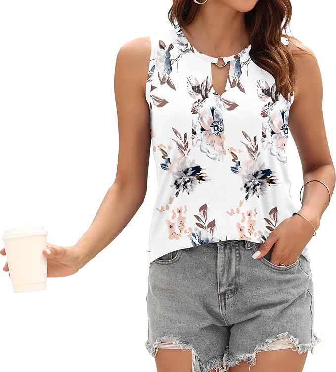 WNEEDU Womens Sexy Sleeveless Tank Tops Summer Elegant V Neck Vest Top Ladies Loost Fit Trendy Shirts Blouse