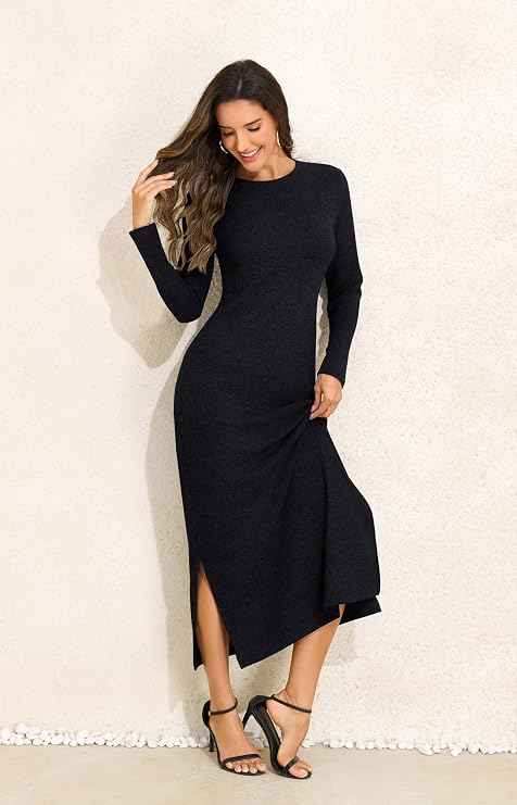 GRECERELLE Women Maxi Dresses Long Sleeve Crew Neck Dress for Women UK Winter Ladies Slit Elegant Casual Daily Work Date Lounge Long Dresses with Pockets