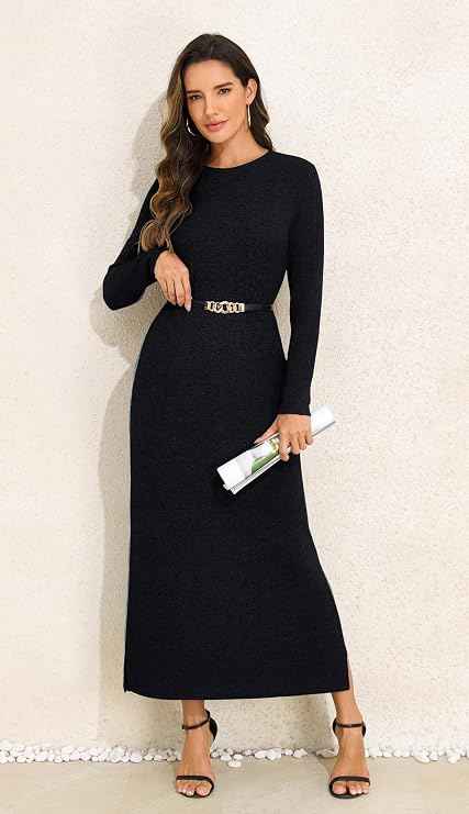 GRECERELLE Women Maxi Dresses Long Sleeve Crew Neck Dress for Women UK Winter Ladies Slit Elegant Casual Daily Work Date Lounge Long Dresses with Pockets