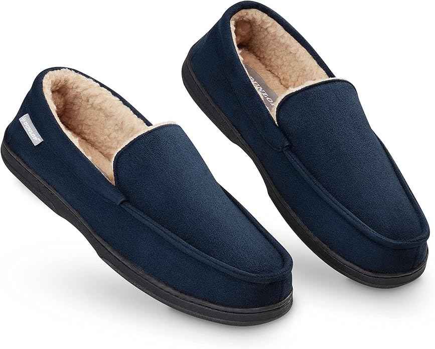 DUNLOP Moccasin Slippers Men with Memory Foam & Faux Sheepskin Lining - Comfortable Indoor Outdoor Loafers with Non-Slip Rubber Sole for House Wear Size 12